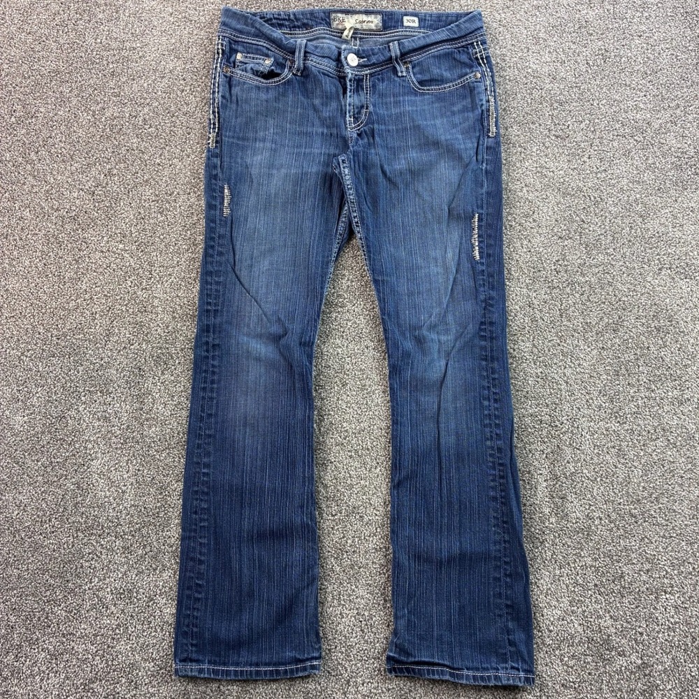 BKE Sabrina Jeans Women's 30R Blue Denim Boot Cut Bell Bottom Embroidered Pocket